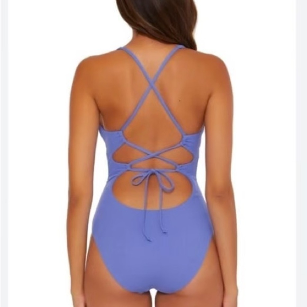 NWT Весса Modern Edge Strappy Ribbed One-Piece Swimsuit Cornflower Sz S - Picture 4 of 10